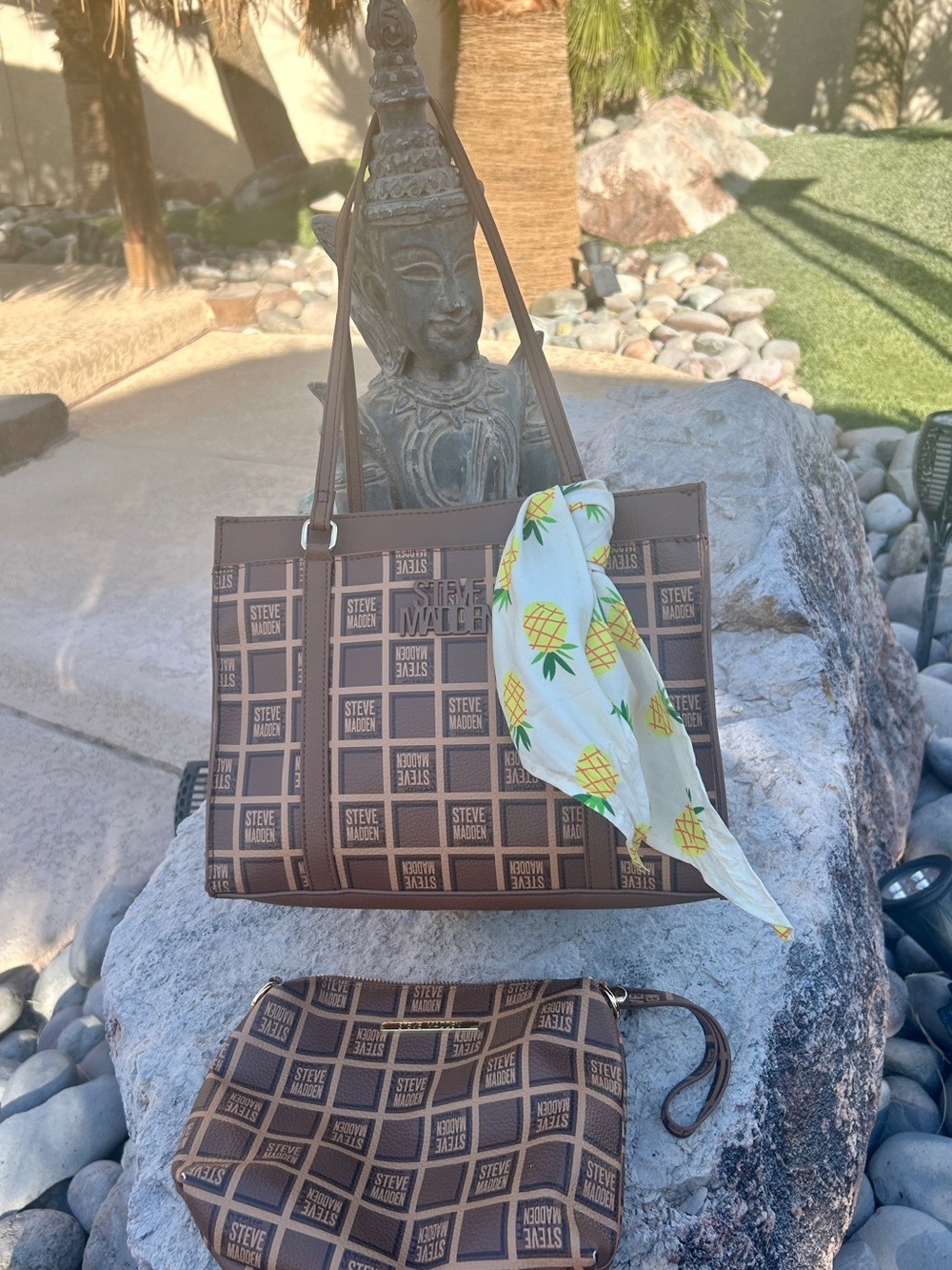 Steve Madden Brown Monogram Tote with Matching Pouch and Pineapple Scarf